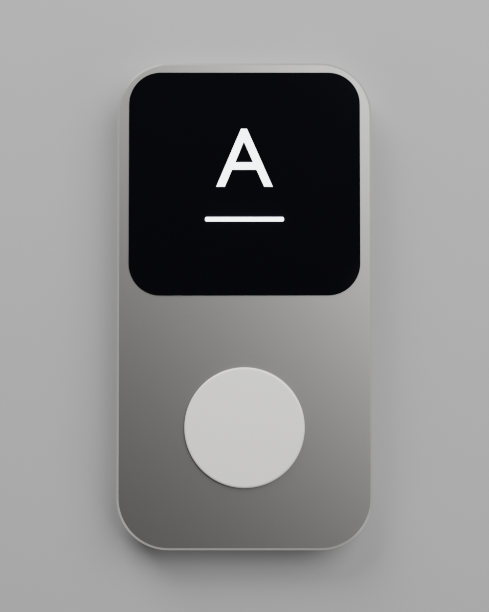 First result: a 64 × 122 mm phone-shaped slab, dark screen filling the top half, a large 30 mm ceramic button centred in the aluminium bottom half