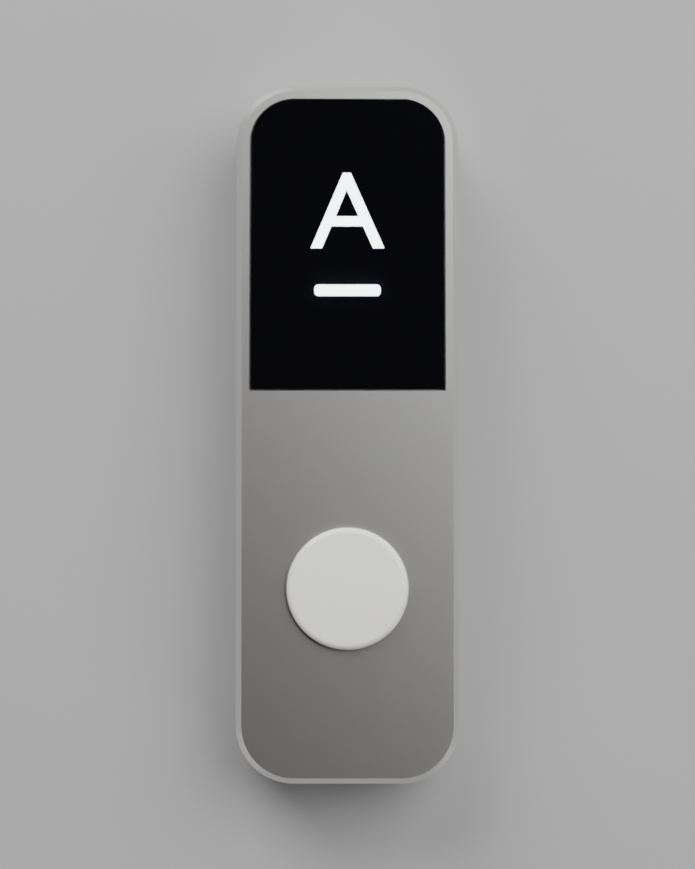 Third iteration: body narrowed to 23 mm so the 20 mm screen spans nearly its full width with a 1.5 mm bezel, button down to 12.5 mm